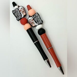 SET OF 2 HANDMADE DEAD INSIDE BUT SPICED COFFEE SKELETON DAISY COLORFUL PENS